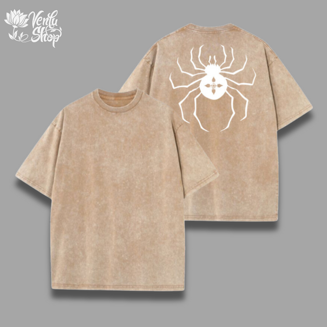 A beige oversized t-shirt with a spider graphic on the back, displayed front and back.