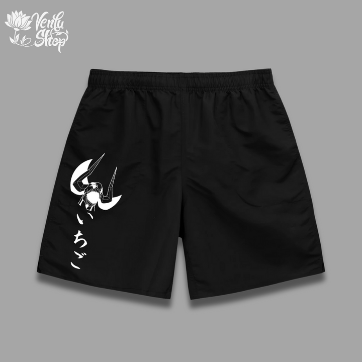 Ichigo Shorts A pair of black gymwear oversized shorts with a white minimalistic anime character design on the left leg.