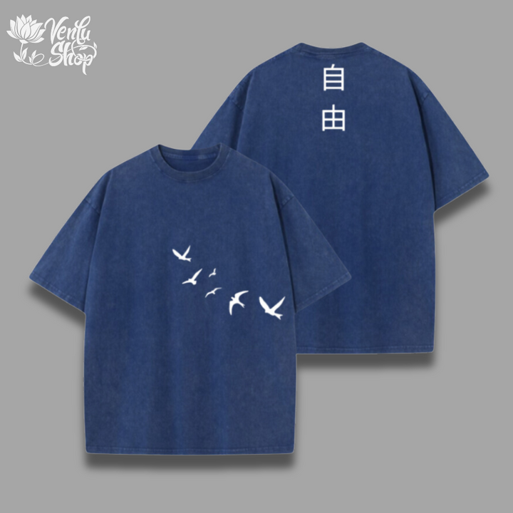 Eren Washed Shirt A navy blue t-shirt with a graphic of birds on the front and a character on the back.
