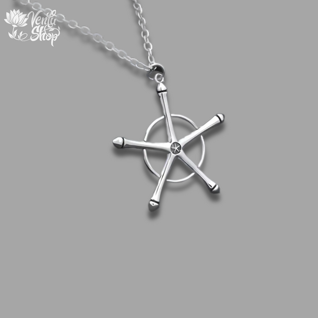 Quincy inspired design Silver necklace with a unique pendant on a gray background