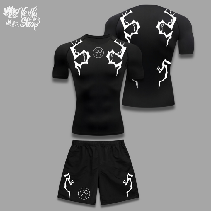 Killua Set — inspired by Hunter x Hunter A black gymwear set with white graphic designs, consisting of a tight compression shirt and baggy shorts, laid out on a plain background.