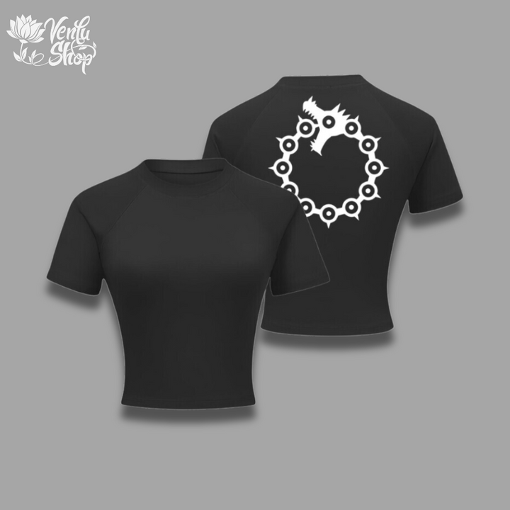 Meliodas Cropped Compression Shirt A black short sleeve cropped compression shirt with a white graphic design on the back.