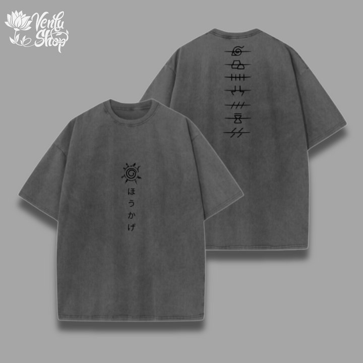 Naruto Washed Shirt A gray oversized t-shirt with a design resembling a sun and some Japanese characters on the back, featuring a loose fit and short sleeves.