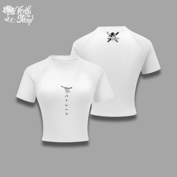 Zoro Cropped Compression Shirt A white cropped compression short-sleeve shirt with a graphic on the front and back.