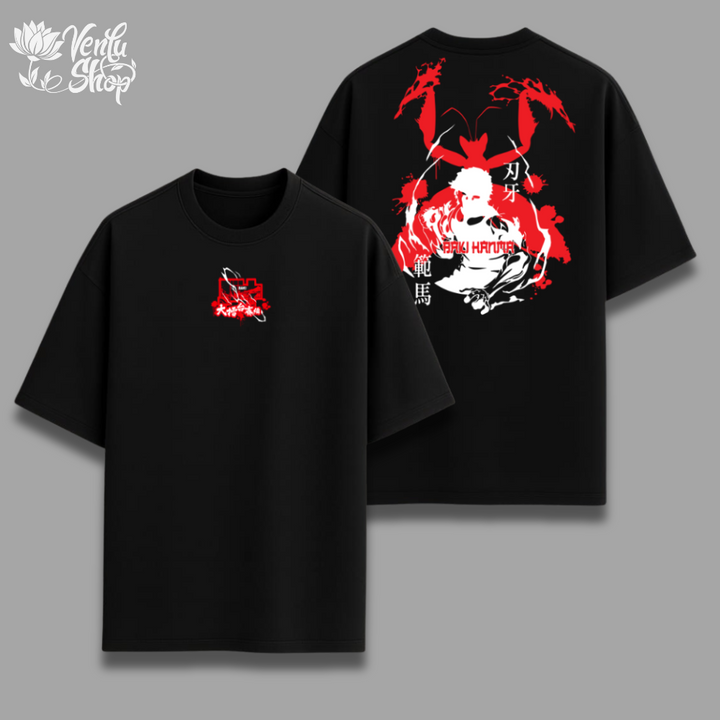Baki anime-inspired Black t-shirt with red and white graphic design on a gray background