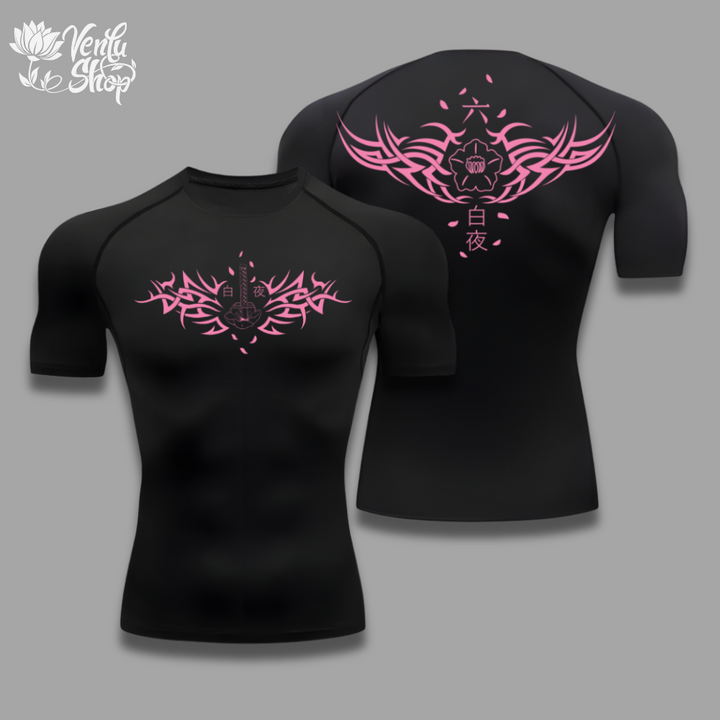 Byakuya anime-inspired Black t-shirt with pink tribal design on a gray background