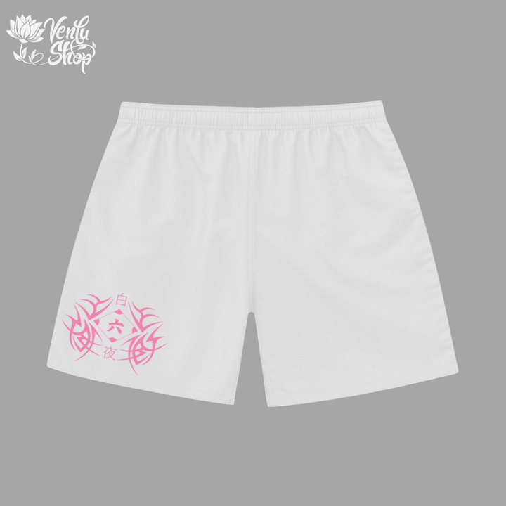 Byakuya anime-inspired White shorts with pink designs on a gray background