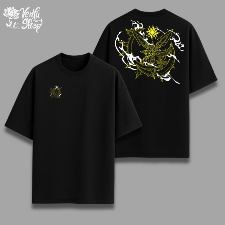 Escanor anime-inspired Black t-shirt with a design on the front and back, displayed on a gray background.