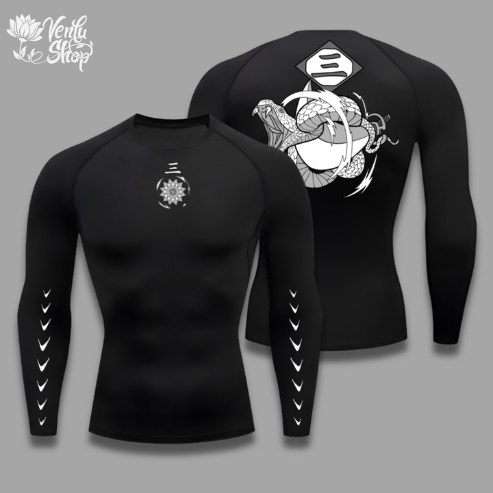 Gin anime-inspired Black long-sleeve shirt with white designs on a gray background