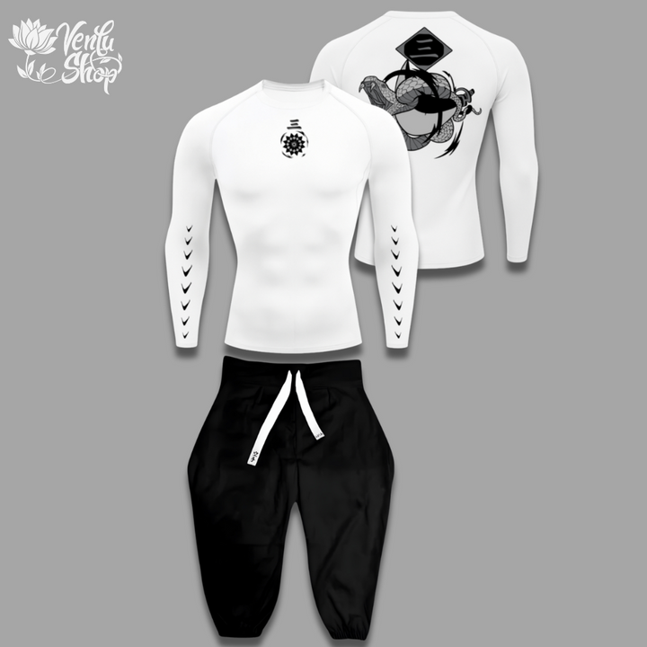 Gin anime-inspired White long-sleeve shirt with black designs and black pants on a gray background