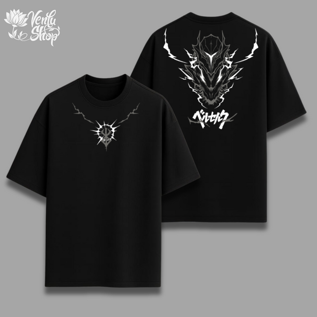 Guts anime-inspired Black t-shirt with white graphic design on a gray background