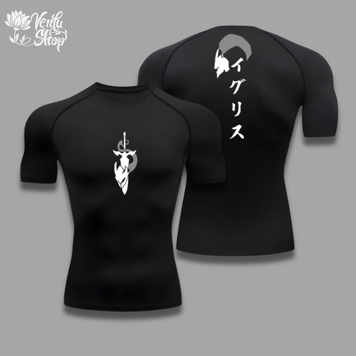 Igris Compression Shirt A short sleeve compression shirt with a white graphic on the front and Japanese characters on the back. The shirt is black and the graphic includes a character that resembles a bird or a wing.