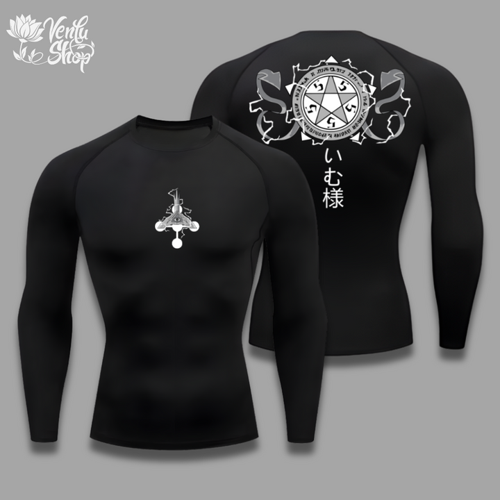 Imu anime-inspired Black long-sleeve shirt with white designs on a gray background