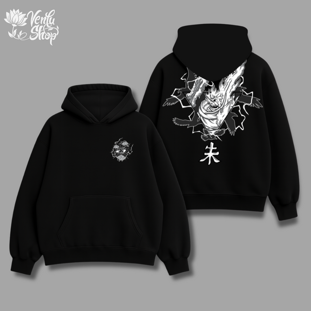 Itachi anime-inspired Black hoodie with white designs on a gray background