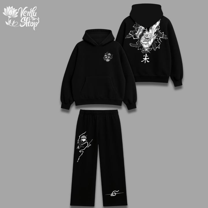 Itachi anime-inspired Black hoodie and pants set with white designs on a gray background, featuring the Verda Hope brand.