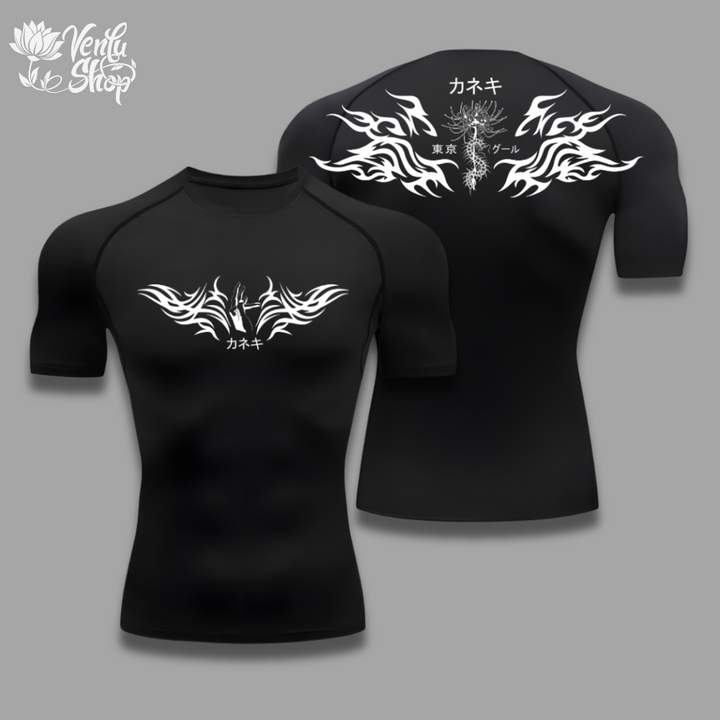 Kaneki anime-inspired Black t-shirt with white tribal design and text on a gray background