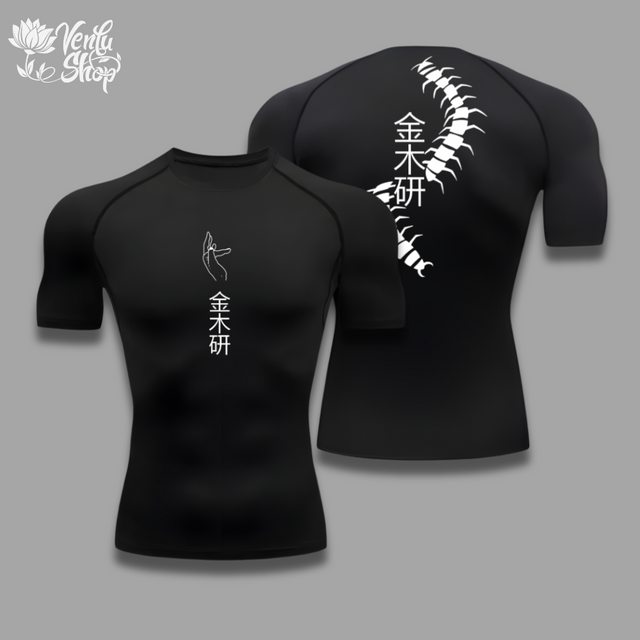 Kaneki Compression Shirt 2.0 A black short sleeve compression shirt with white anime-style character designs and a pattern on the back.