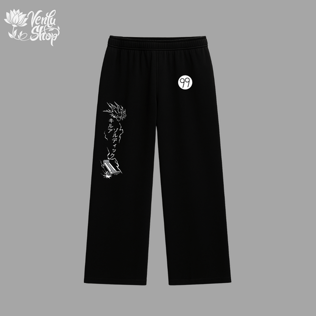 Killua anime-inspired Black pants with white graphics and text on a gray background