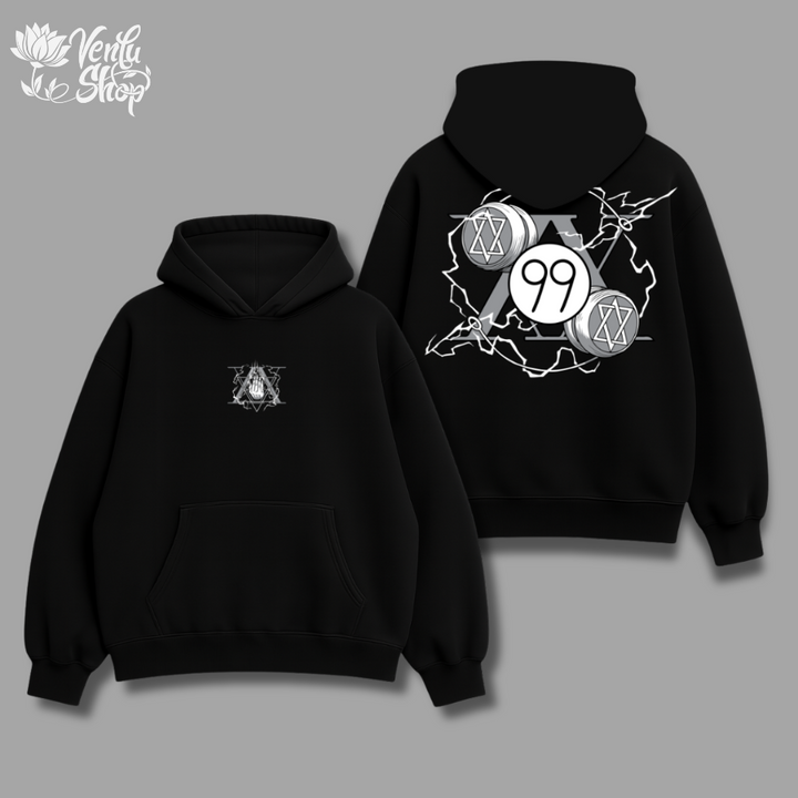 Killua anime-inspired Black hoodie with white graphic design on a gray background