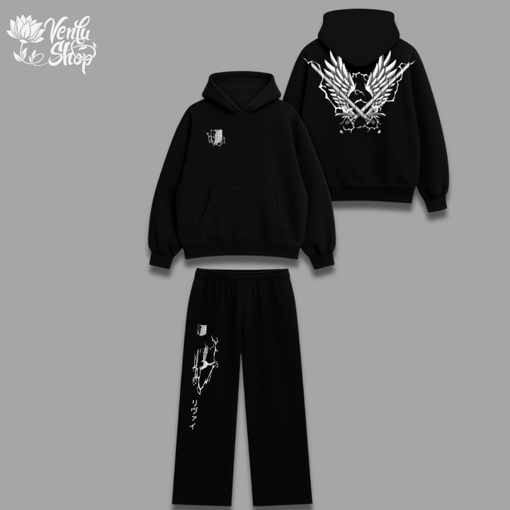 Levi anime-inspired Black hoodie and pants set with white designs on a gray background, featuring the Verda Hope brand.