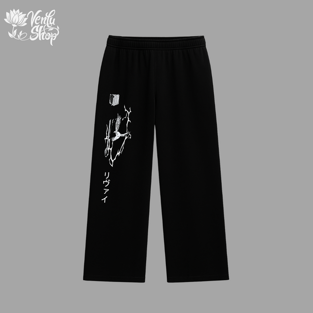 Levi anime-inspired Black pants with white graphic design on a gray background