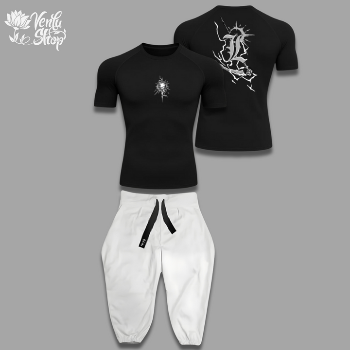 Light anime-inspired Black t-shirt with white graphics and white pants on a gray background