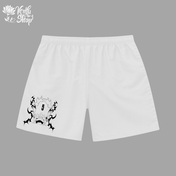 Luffy anime-inspired White shorts with black graphic design on a gray background