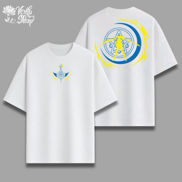 Sailor Moon anime-inspired White t-shirt with blue and yellow designs on a gray background