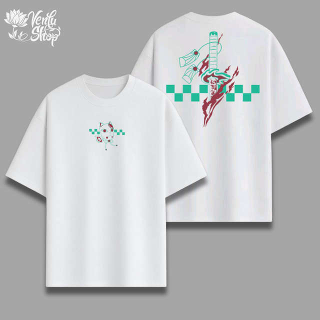 Tanjiro anime-inspired White t-shirt with colorful graphics on a gray background