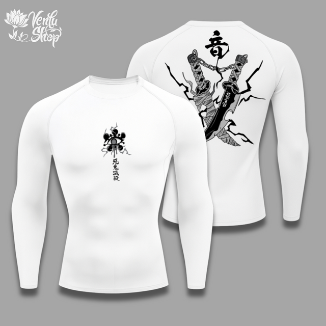 Tengen anime-inspired White long-sleeve shirt with black graphic design and text on a gray background