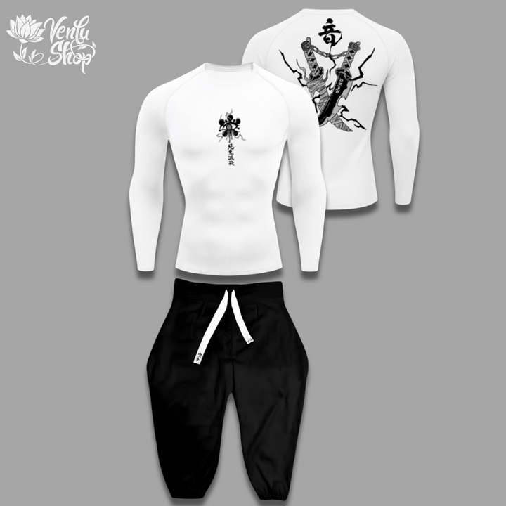 Tengen anime-inspired White long-sleeve shirt with black designs on a gray background, featuring the brand 'Verita Shop'.