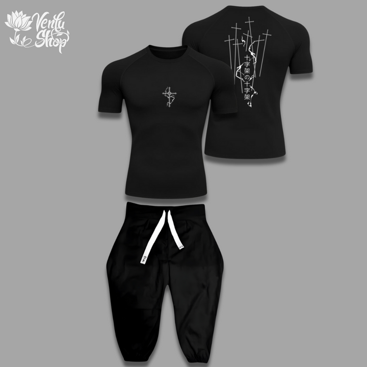 Uruma anime-inspired Black t-shirt and pants set with white designs on a gray background, featuring the Veritha logo.