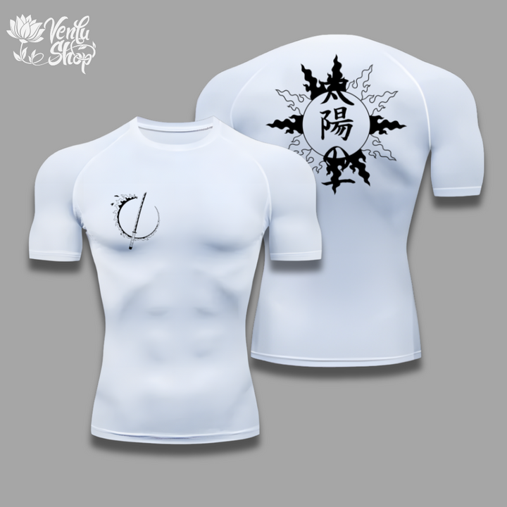 Yoriichi Compression Shirt A white short sleeve compression shirt with a minimalistic design on the front and an anime styled graphic on the back.