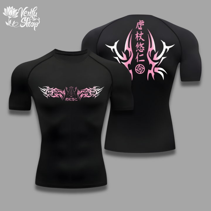 Yuji anime-inspired Black t-shirt with pink tribal designs on a gray background