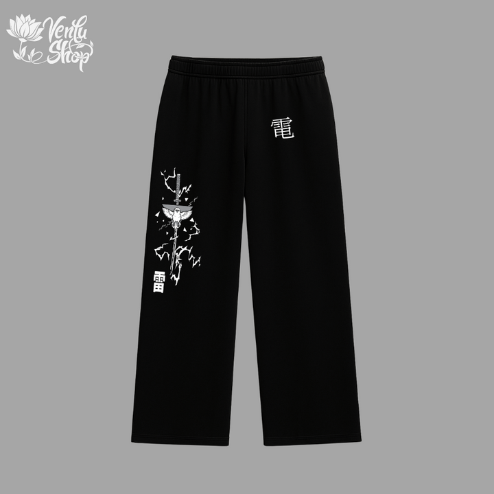 Zenitsu anime-inspired Black pants with white designs and text on a gray background