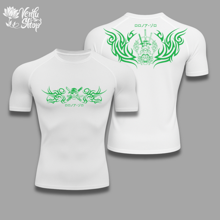 Zoro anime-inspired White t-shirt with green tribal designs on a gray background