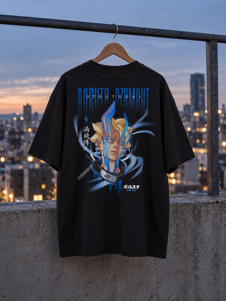 T-shirt oversize di Boruto con stampa sul retro, su una gruccia di legno in un ambiente realistico
