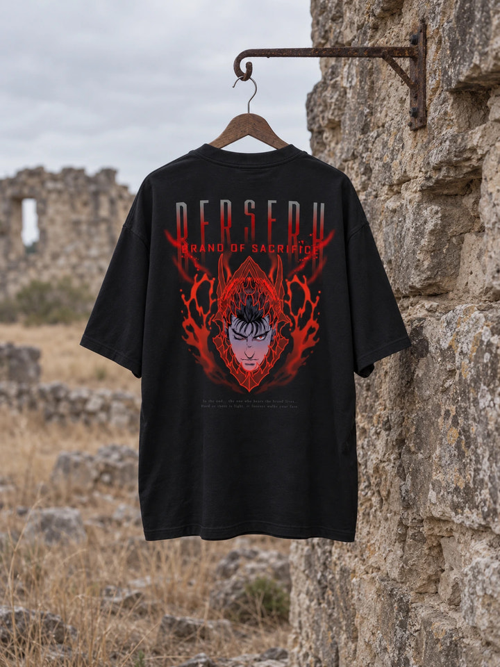 T-shirt oversize di Guts con stampa sul retro, su una gruccia di legno in un ambiente realistico