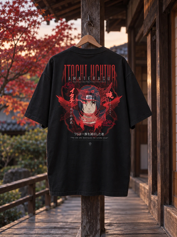T-shirt oversize di Itachi con stampa sul retro, su una gruccia di legno in un ambiente realistico