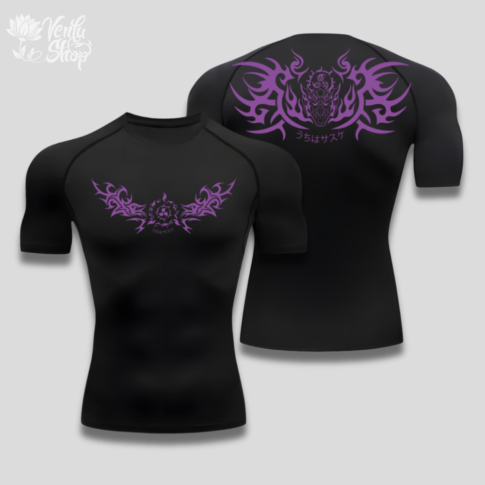 Sasuke Uchiha anime-inspired Black athletic shirt with purple tribal designs on a gray background