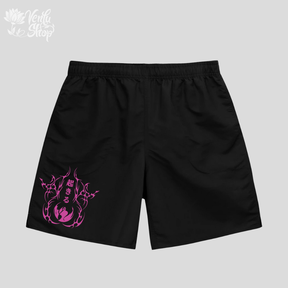 Jin Woo anime-inspired Black shorts with pink dragon design on a gray background