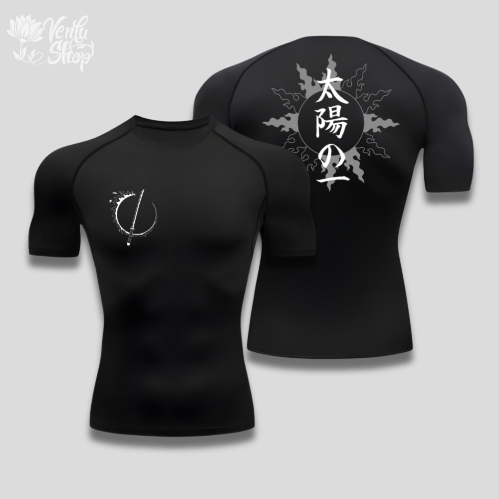 Yoriichi Compression Shirt A white short sleeve compression shirt with a minimalistic design on the front and an anime styled graphic on the back.