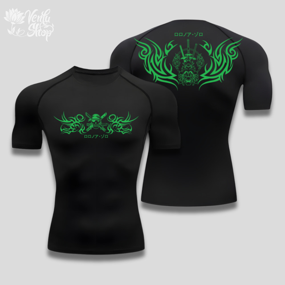 Zoro anime-inspired Black t-shirt with green tribal designs on a gray background