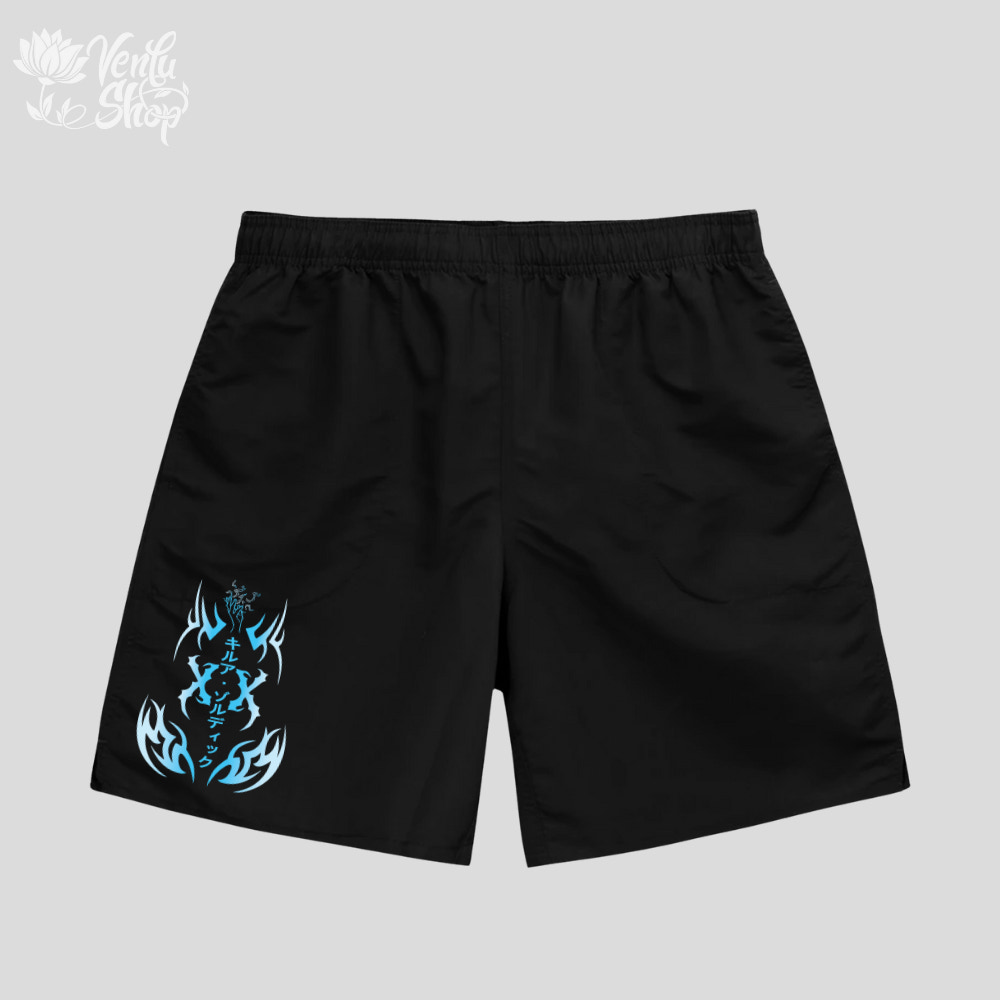 Killua anime-inspired Black shorts with blue tribal design on a gray background