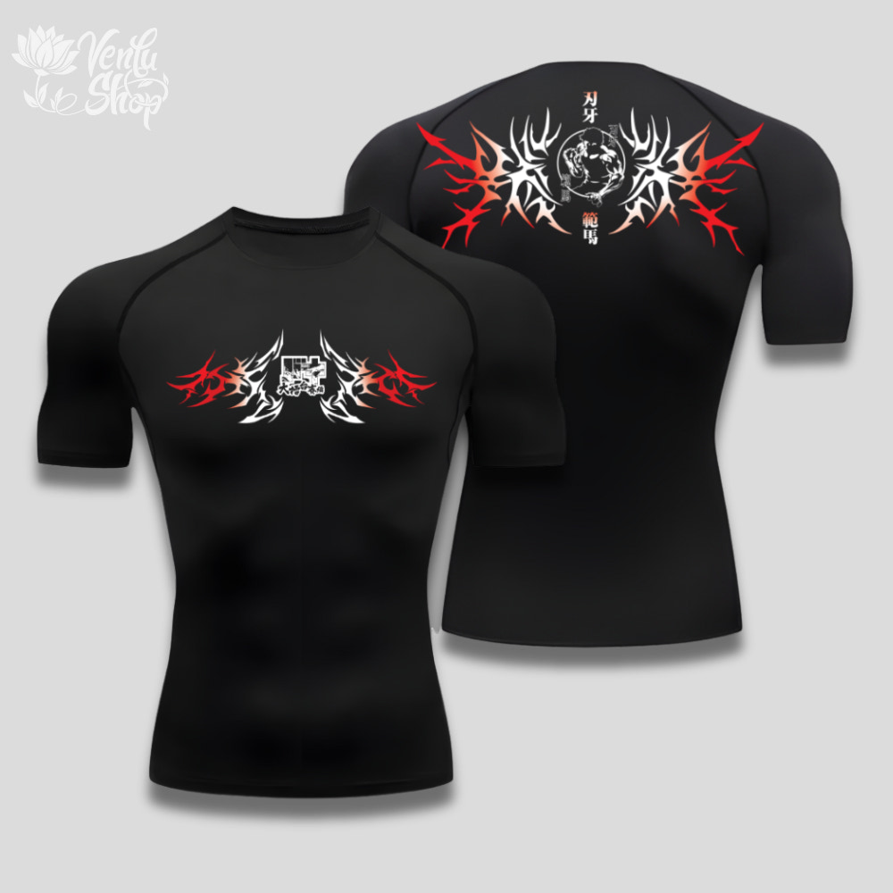 Baki anime-inspired Black t-shirt with red and white tribal designs on a gray background