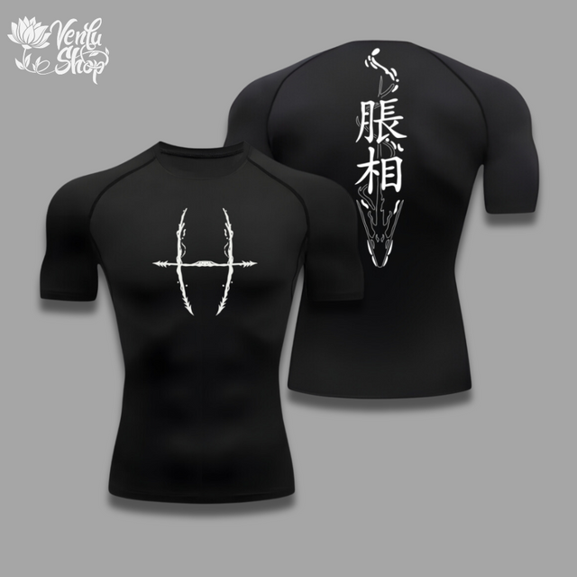  Choso Compression Shirt — inspired  A black short sleeve compression shirt with a design on the back featuring what appears to be a stylized graphic or text in white.
