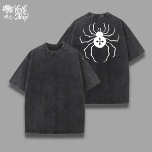 A beige oversized t-shirt with a spider graphic on the back, displayed front and back.