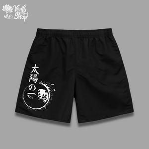 A pair of white oversized gymwear shorts with a minimalist anime design on the left leg.