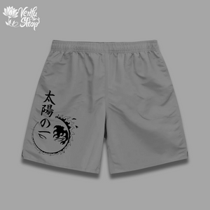 A pair of white oversized gymwear shorts with a minimalist anime design on the left leg.