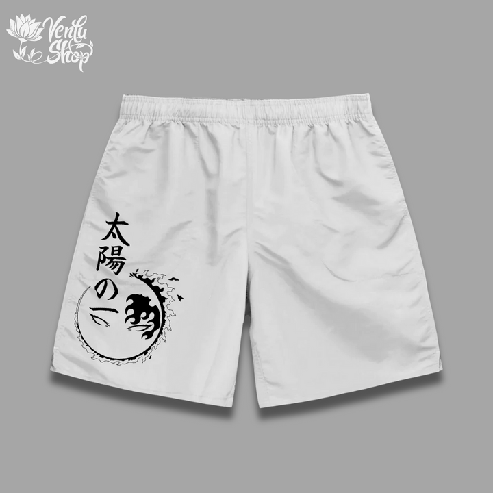 A pair of white oversized gymwear shorts with a minimalist anime design on the left leg.